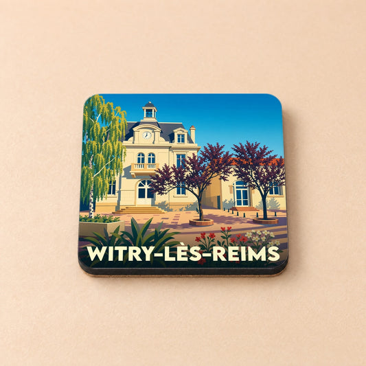 Dessous de verre souvenir de Witry-lès-Reims orné d'une illustration stylisée de l'hôtel de ville et de sa place arborée.