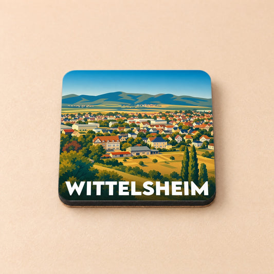 Dessous de verre souvenir de la ville de Wittelsheim avec une illustration stylisée de son paysage urbain et environnant.