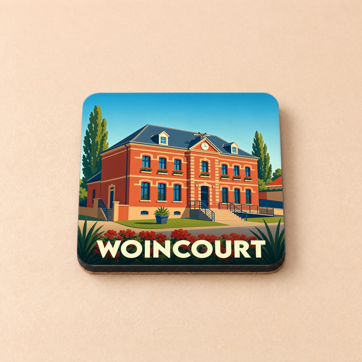 Dessous de verre souvenir de la ville de Woincourt avec une illustration stylisée de son hôtel de ville.