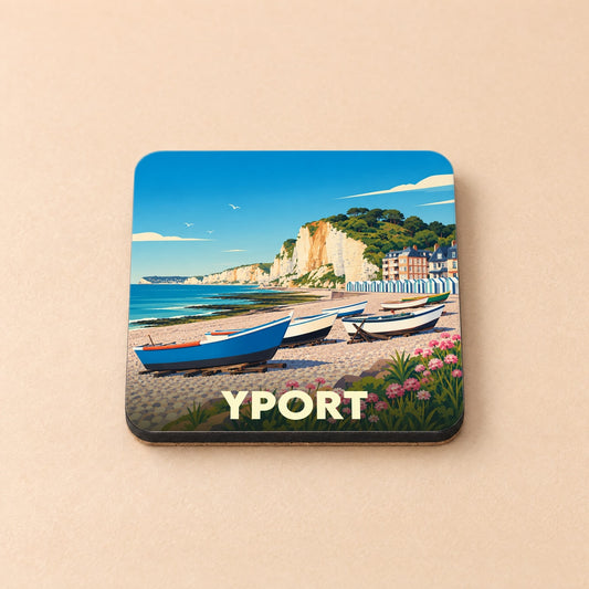 Dessous de verre souvenir de la ville d'Yport avec une illustration stylisée de sa plage et de ses falaises.