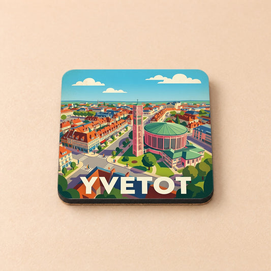 Dessous de verre souvenir de la ville d'Yvetot avec une illustration stylisée de son église emblématique et de ses toitures.