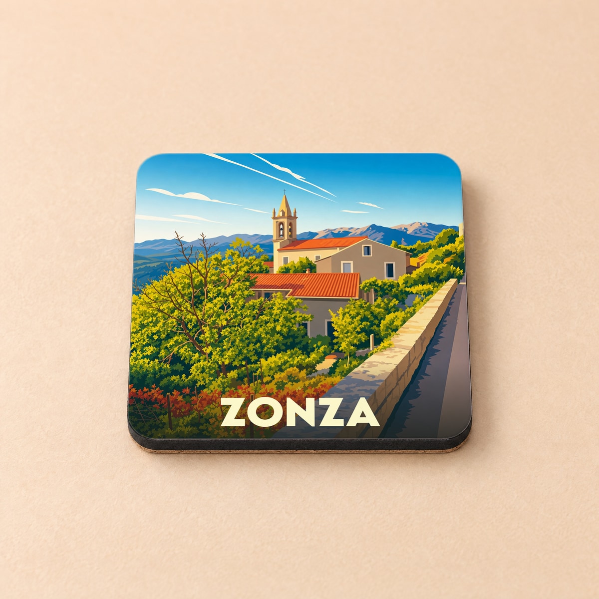 Dessous de verre souvenir de la ville de Zonza avec une illustration stylisée.