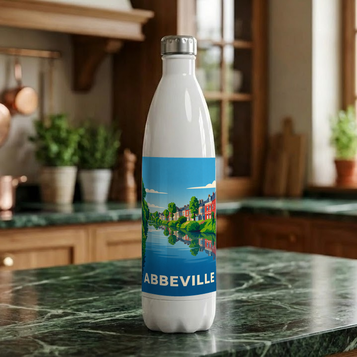 Gourde souvenir de la ville d’Abbeville avec une illustration stylisée.