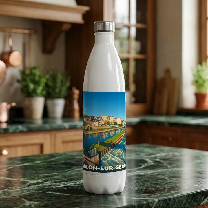 Gourde blanche souvenir d'Ablon-sur-Seine ornée d'une illustration colorée des bords de Seine.