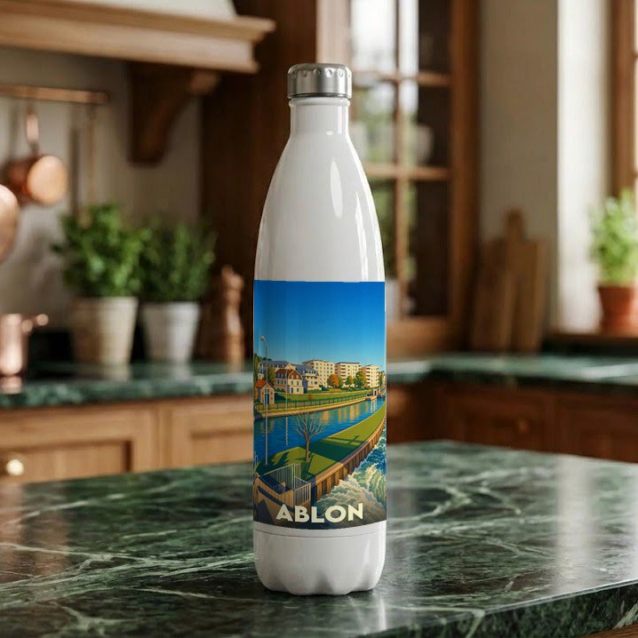 Gourde souvenir de la ville d'Ablon illustrée d'un paysage urbain au bord de l'eau.