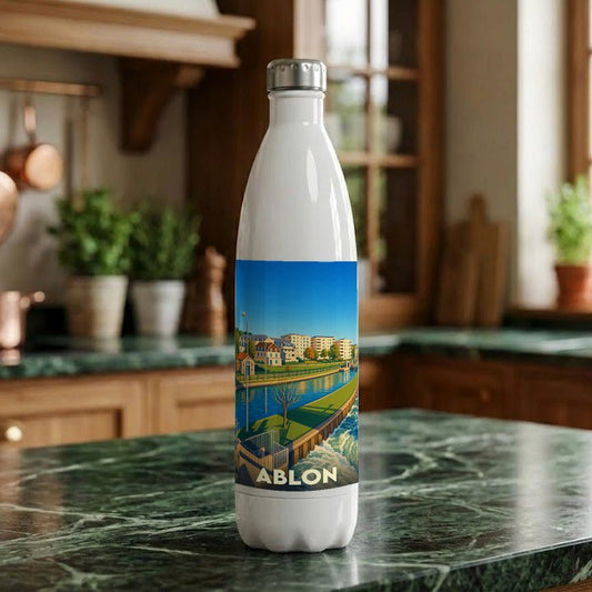 Gourde souvenir de la ville d'Ablon illustrée d'un paysage urbain au bord de l'eau.