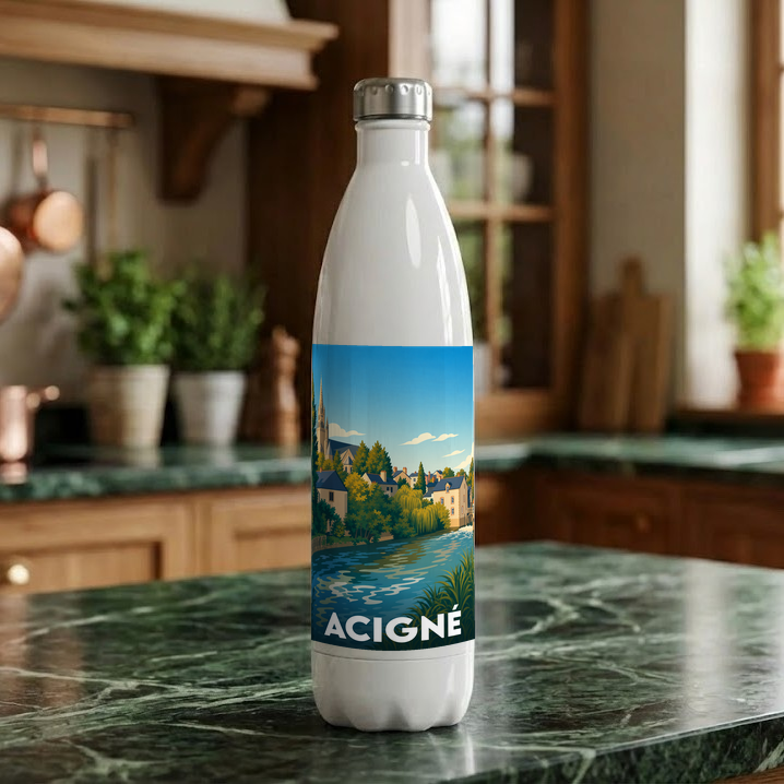 Gourde souvenir de la ville d'Acigné ornée d'une illustration stylisée de son paysage fluvial.
