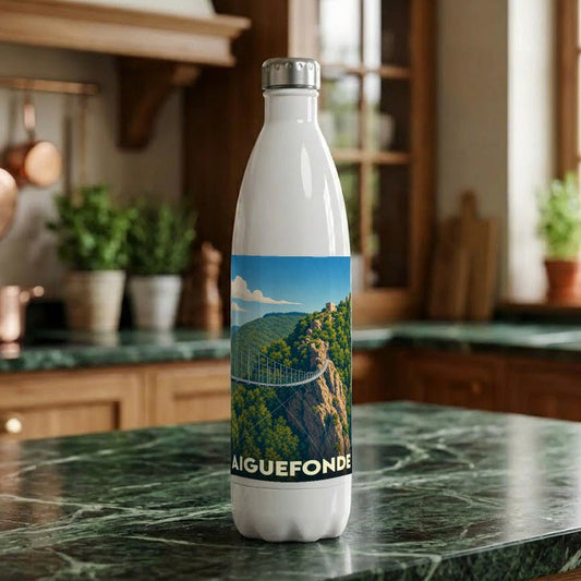 Gourde souvenir de la ville d'Aiguefonde avec une illustration stylisée d'un pont suspendu dans la montagne.