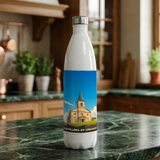 Gourde souvenir de la ville d'Aillevillers-et-Lyaumont avec une illustration stylisée de son église.