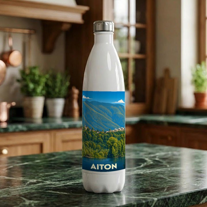 Gourde blanche souvenir de la ville d'Aiton avec une illustration de paysage montagneux.
