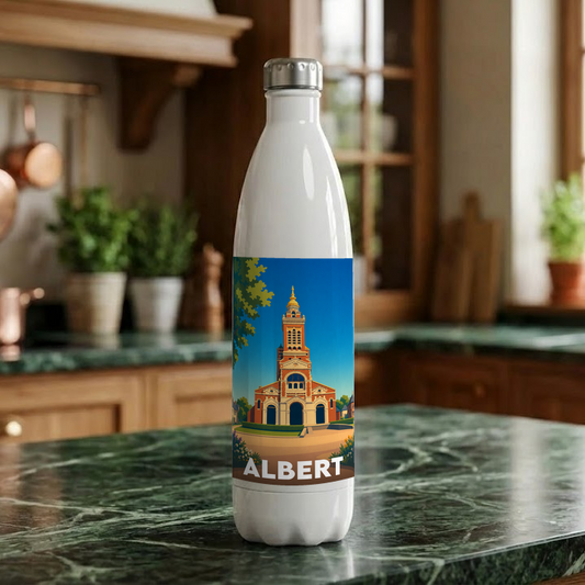 Gourde souvenir de la ville d'Albert avec une illustration stylisée de sa basilique.