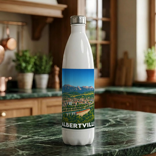 Gourde souvenir de la ville d'Albertville avec une illustration stylisée de son paysage montagneux.