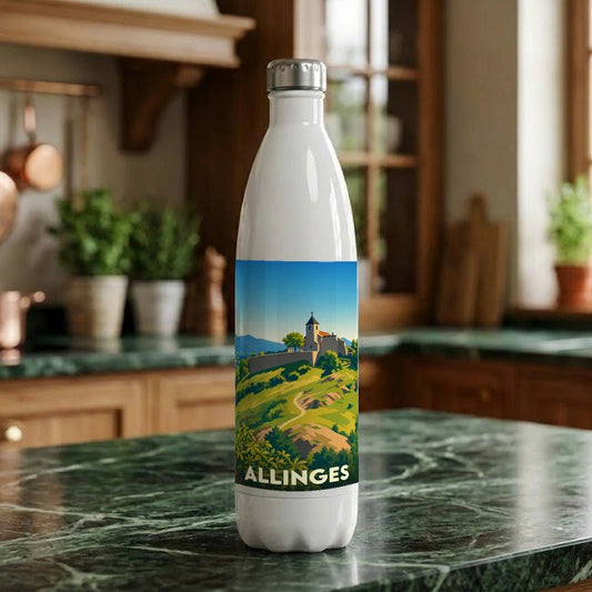 Gourde souvenir de la ville d'Allinges avec une illustration stylisée des châteaux sur une colline.