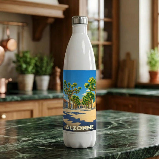 Gourde souvenir de la ville d'Alzonne avec une illustration stylisée.