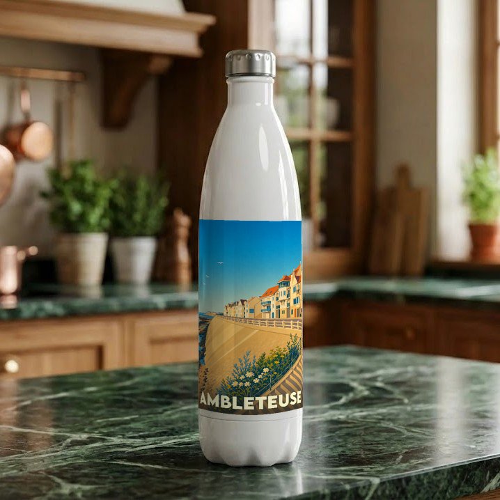 Gourde blanche souvenir de la ville d'Ambleteuse ornée d'une illustration stylisée du front de mer.