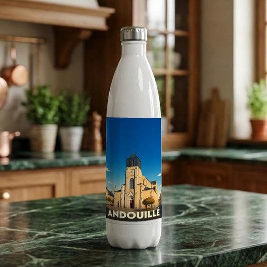 Gourde souvenir de la ville d'Andouillé avec une illustration stylisée de son église.