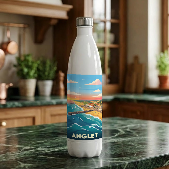 Gourde souvenir de la ville d'Anglet avec une illustration stylisée de son paysage côtier.