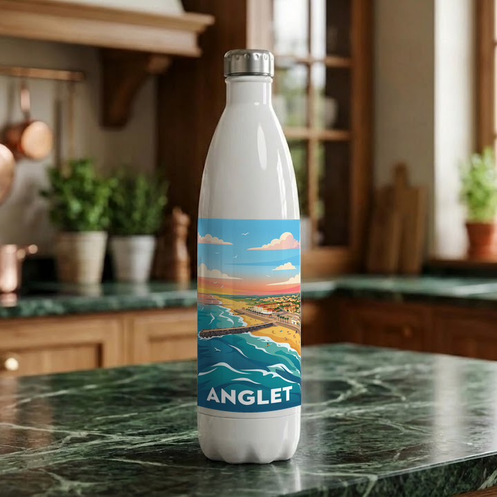 Gourde souvenir de la ville d'Anglet avec une illustration stylisée de son paysage côtier.