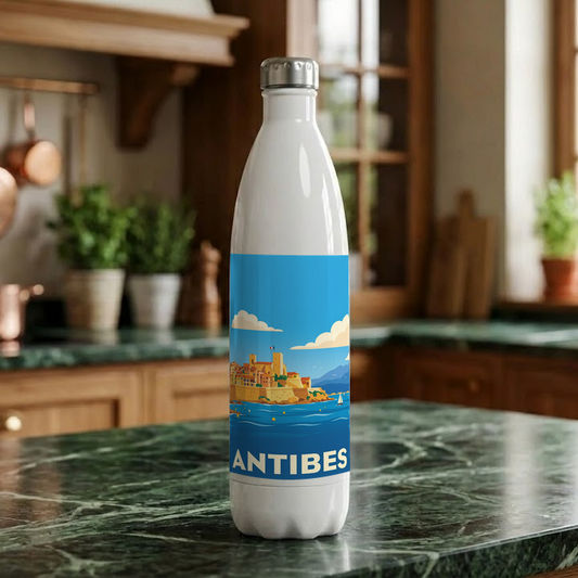 Gourde souvenir de la ville d'Antibes avec une illustration stylisée.