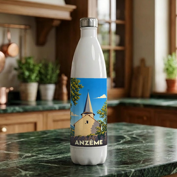 Gourde souvenir de la ville d'Anzême ornée d'une illustration stylisée de son église.