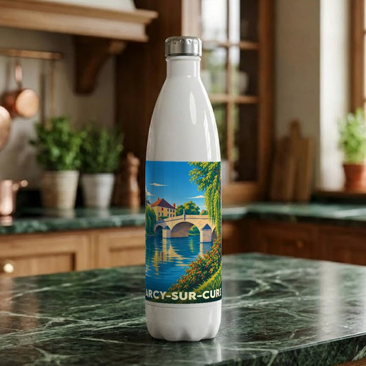 Gourde souvenir de la ville d'Arcy-sur-Cure avec une illustration stylisée de son pont et de la rivière.