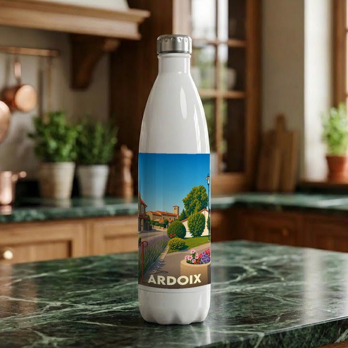 Gourde souvenir de la ville d'Ardoix avec une illustration de paysage urbain coloré.