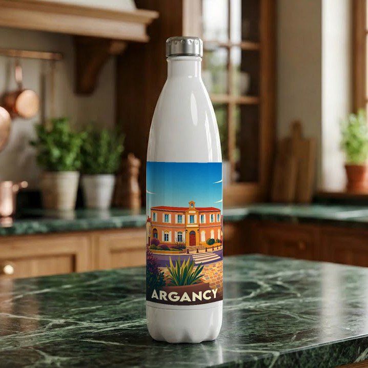 Gourde souvenir de la ville d'Argancy avec une illustration stylisée d'un bâtiment emblématique.