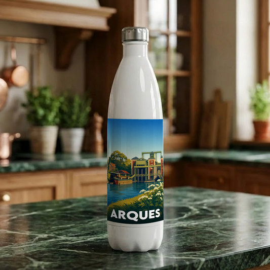 Gourde souvenir de la ville d'Arques avec une illustration stylisée des bords de l'eau.