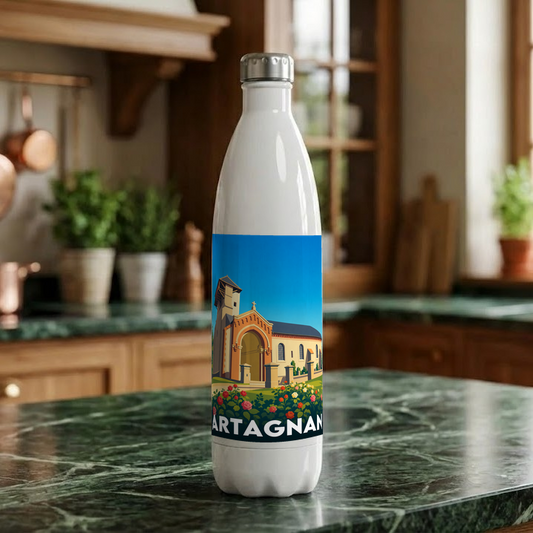Gourde souvenir de la ville de Artagnan avec une illustration stylisée.