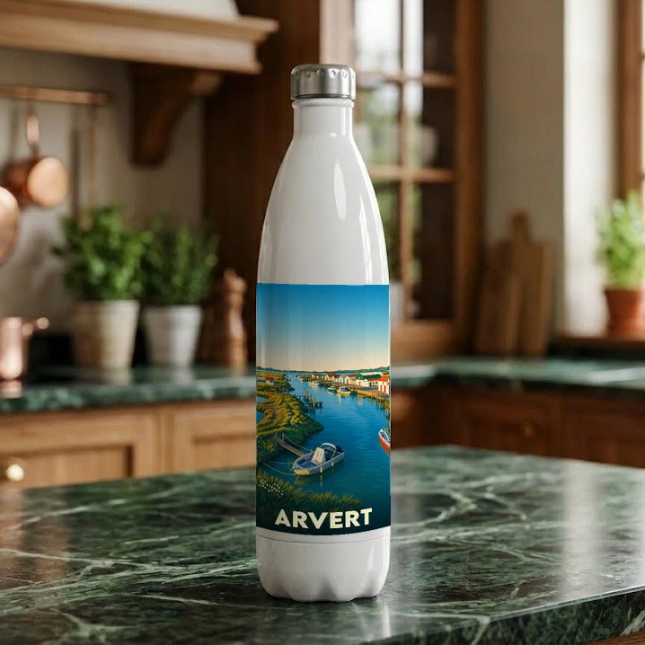 Gourde souvenir de la ville d'Arvert ornée d'une illustration stylisée de son port ostréicole.