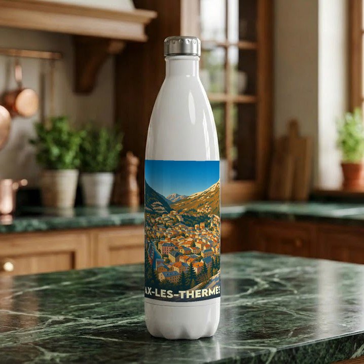 Gourde souvenir de la ville d'Ax-les-Thermes avec une illustration stylisée de ses paysages montagneux.
