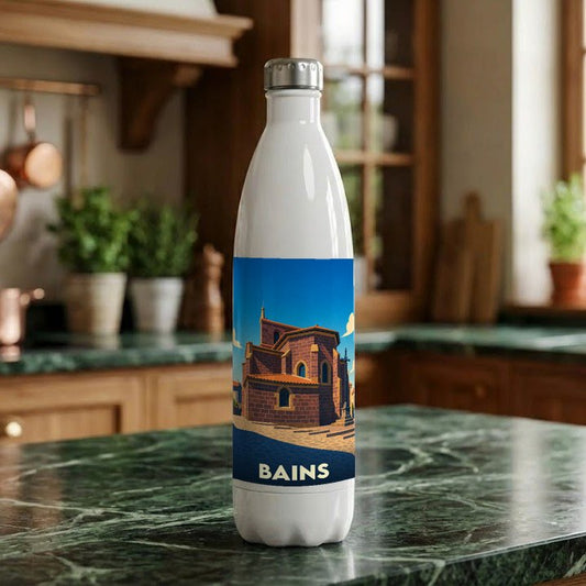 Gourde souvenir de la ville de Bains avec une illustration stylisée.