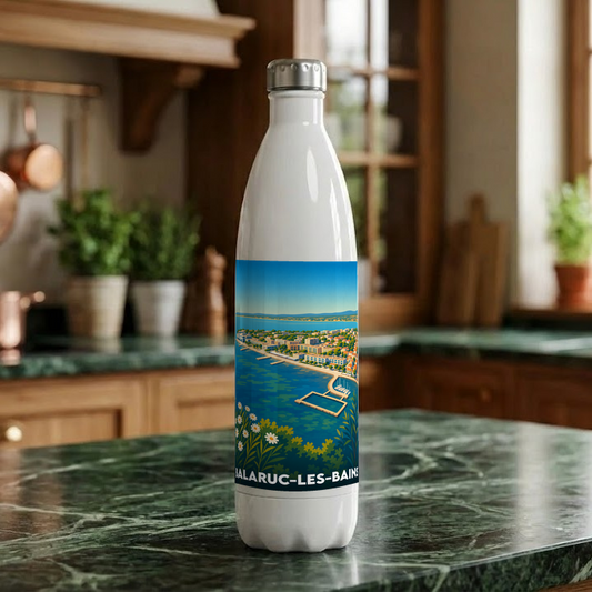 Gourde souvenir de la ville de Balaruc-les-Bains avec une illustration stylisée de son littoral.