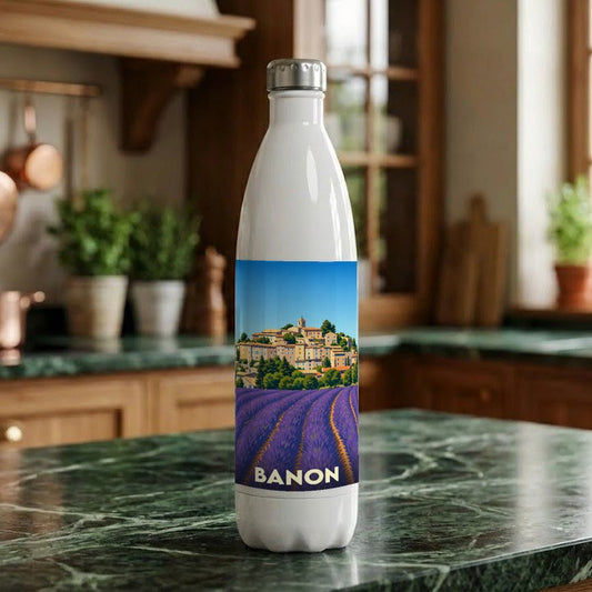Gourde souvenir de la ville de Banon avec une illustration stylisée d'un champ de lavande et d'un village perché.