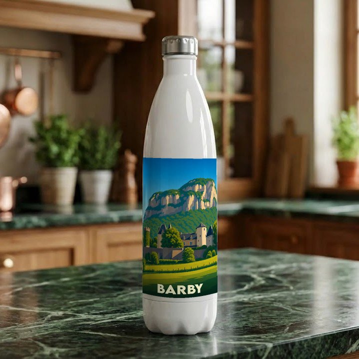 Gourde souvenir de la ville de Barby avec une illustration stylisée représentant un château et une montagne.