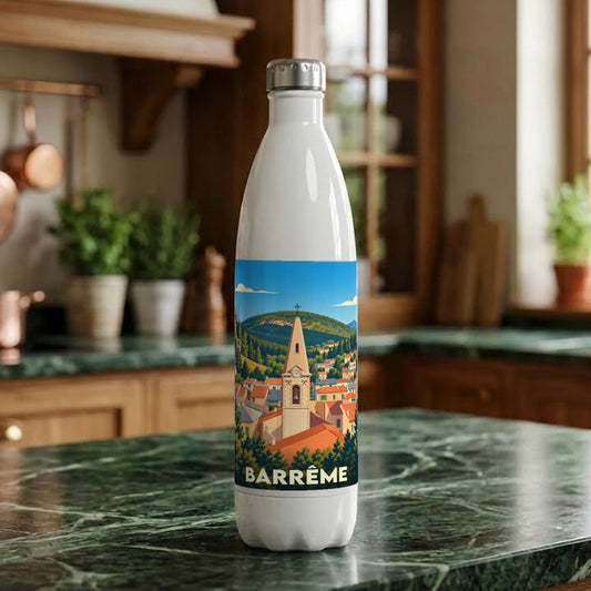 Gourde souvenir de la ville de Barrême ornée d'une illustration stylisée de son clocher et de ses montagnes.