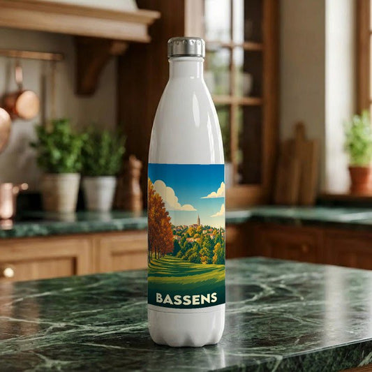 Gourde souvenir de la ville de Bassens ornée d'une illustration paysagère stylisée.
