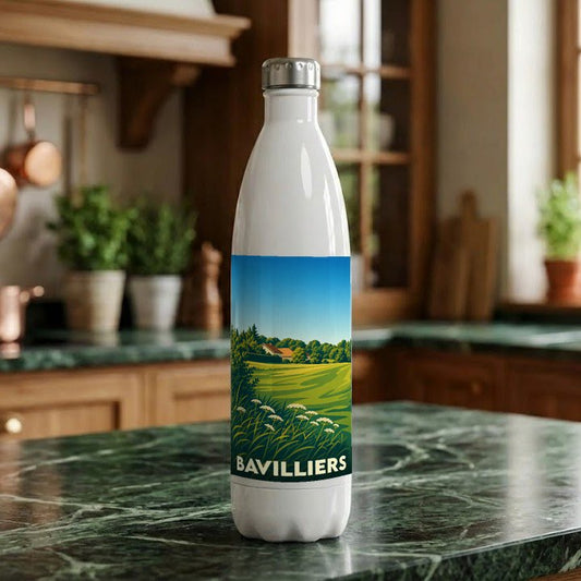 Gourde souvenir de la ville de Bavilliers avec une illustration paysagère stylisée.