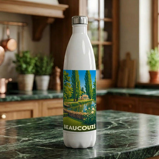 Gourde blanche souvenir de la ville de Beaucouzé avec une illustration paysagère stylisée.