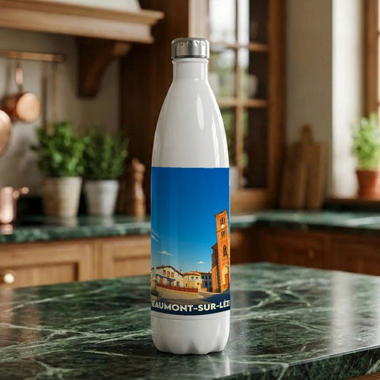 Gourde souvenir de la ville de Beaumont-sur-Lèze avec une illustration stylisée.