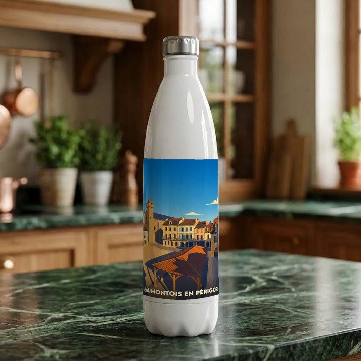Gourde blanche souvenir de la ville de Beaumontois en Périgord avec une illustration stylisée.