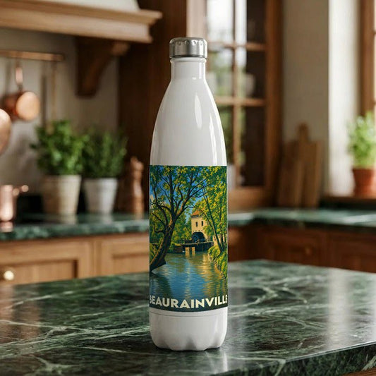 Gourde souvenir de la ville de Beaurainville avec une illustration stylisée d'un moulin au bord de l'eau.