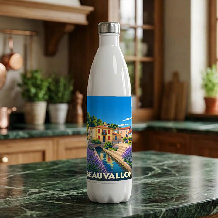 Gourde souvenir de la ville de Beauvallon avec une illustration stylisée.