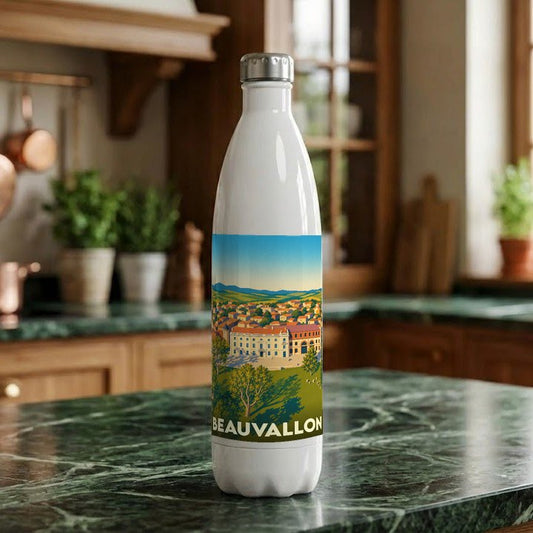 Gourde souvenir de la ville de Beauvallon ornée d'une illustration paysagère stylisée.