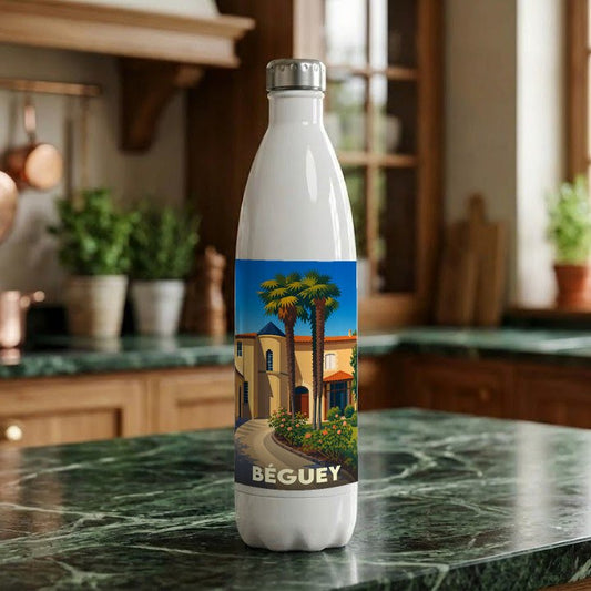 Gourde souvenir de la ville de Béguey avec une illustration stylisée.