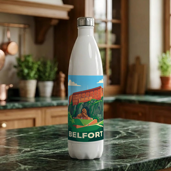 Gourde souvenir de la ville de Belfort avec une illustration stylisée.