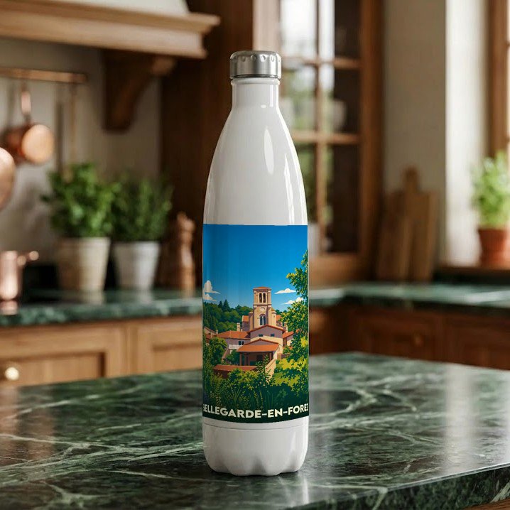 Gourde souvenir de la ville de Bellegarde-en-Forez ornée d'une illustration stylisée du village.