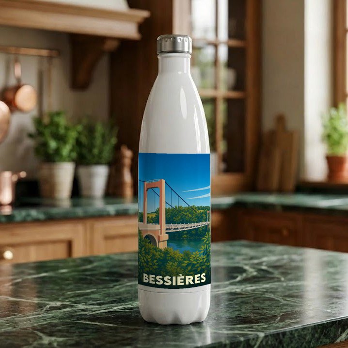 Gourde souvenir de la ville de Bessières avec une illustration stylisée de son pont suspendu.