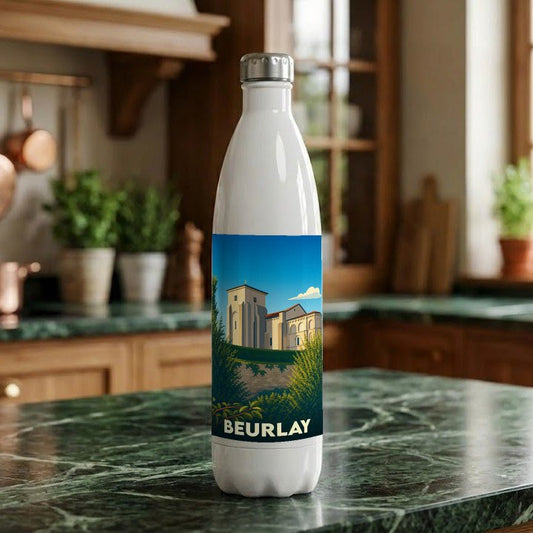 Gourde souvenir de la ville de Beurlay avec une illustration stylisée de son église.