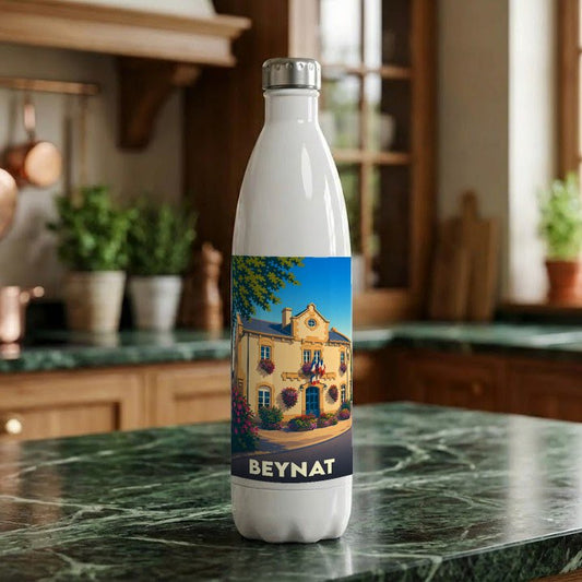 Gourde souvenir de la ville de Beynat avec une illustration stylisée.